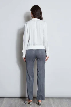 Elie Tahari Silk Contour Neck Rib Trim Shirt- Tops & Sweaters