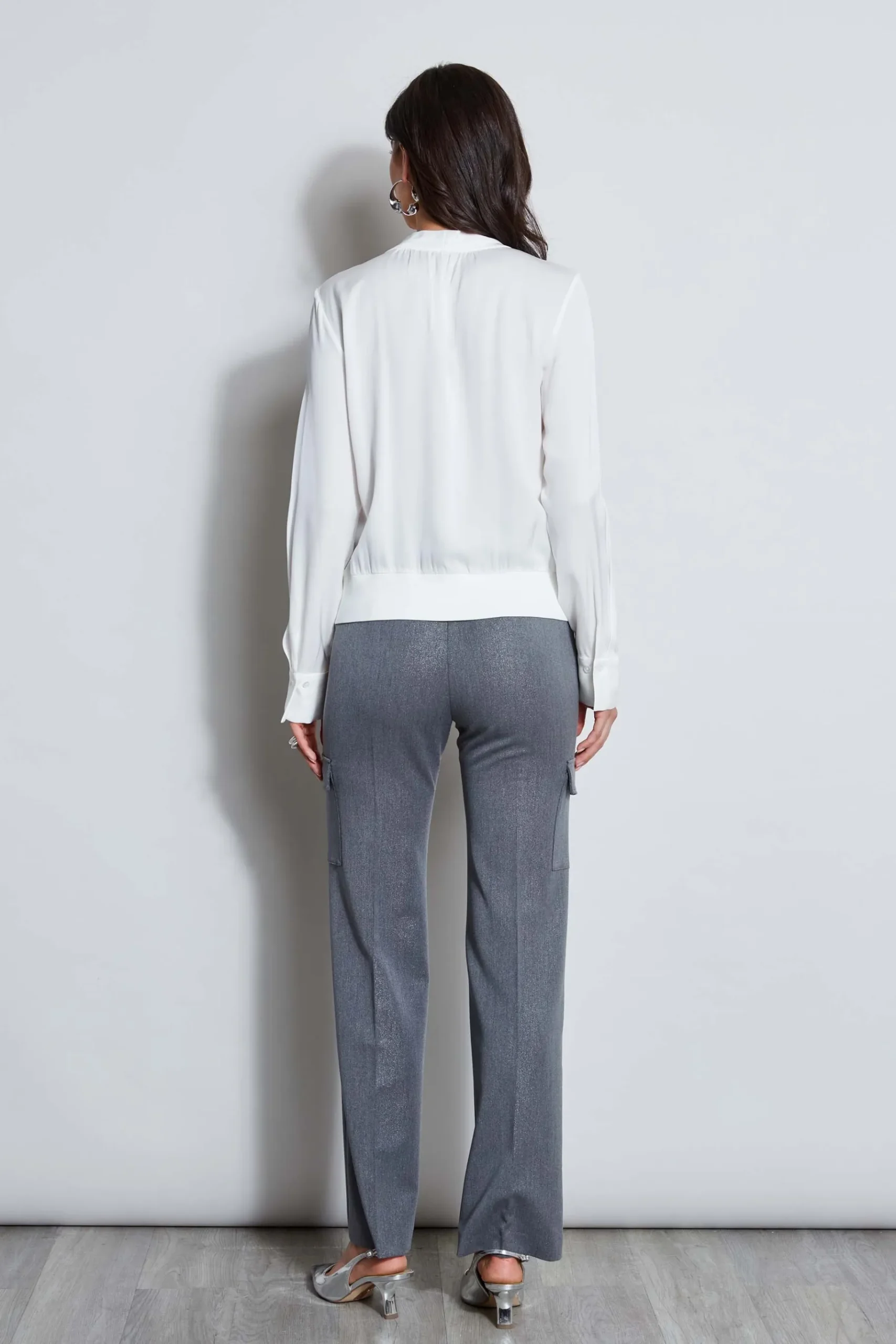 Elie Tahari Silk Contour Neck Rib Trim Shirt- Tops & Sweaters