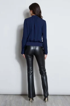 Elie Tahari Silk Contour Neck Rib Trim Shirt- Tops & Sweaters