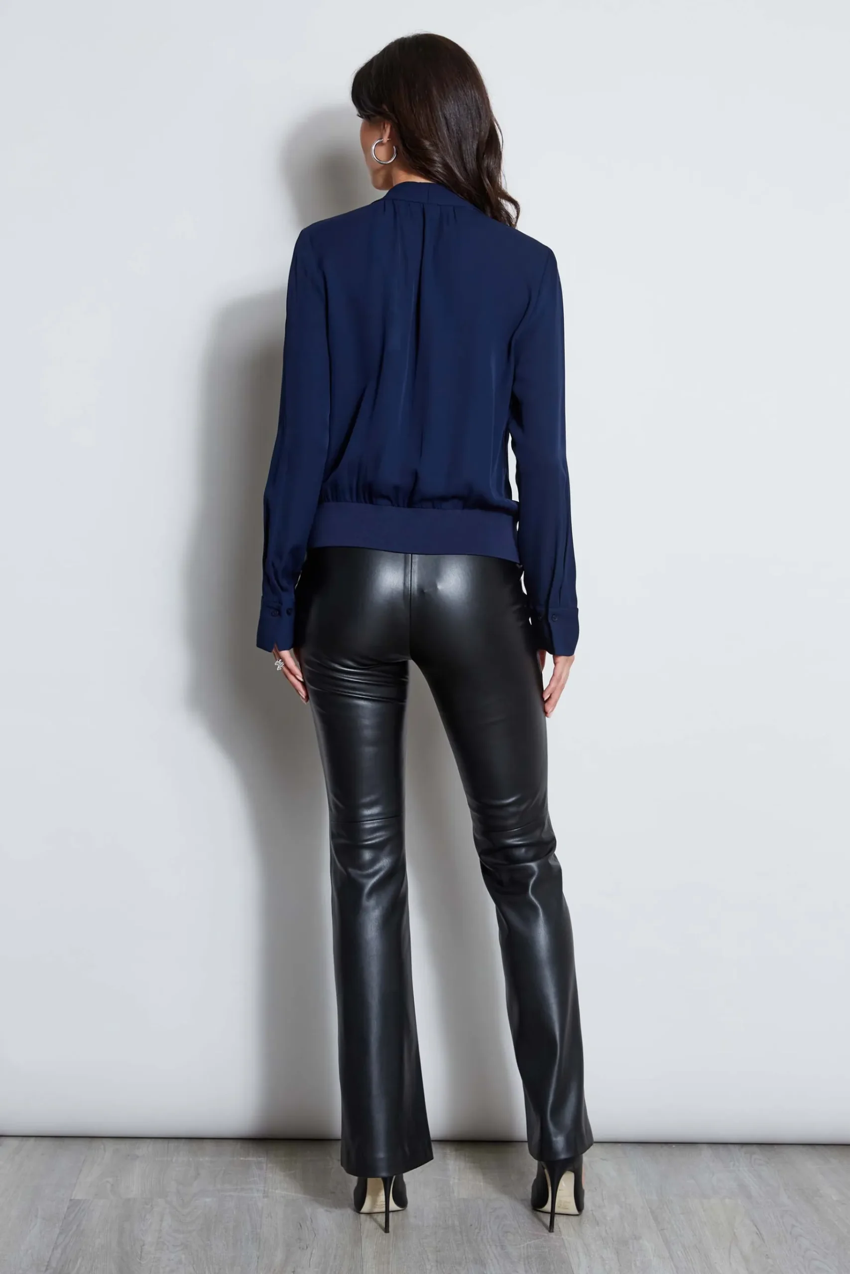 Elie Tahari Silk Contour Neck Rib Trim Shirt- Tops & Sweaters