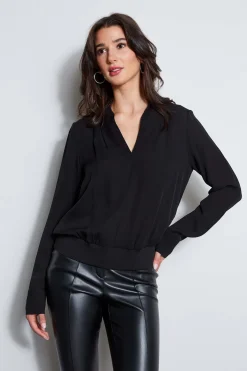 Elie Tahari Silk Contour Neck Rib Trim Shirt- Tops & Sweaters