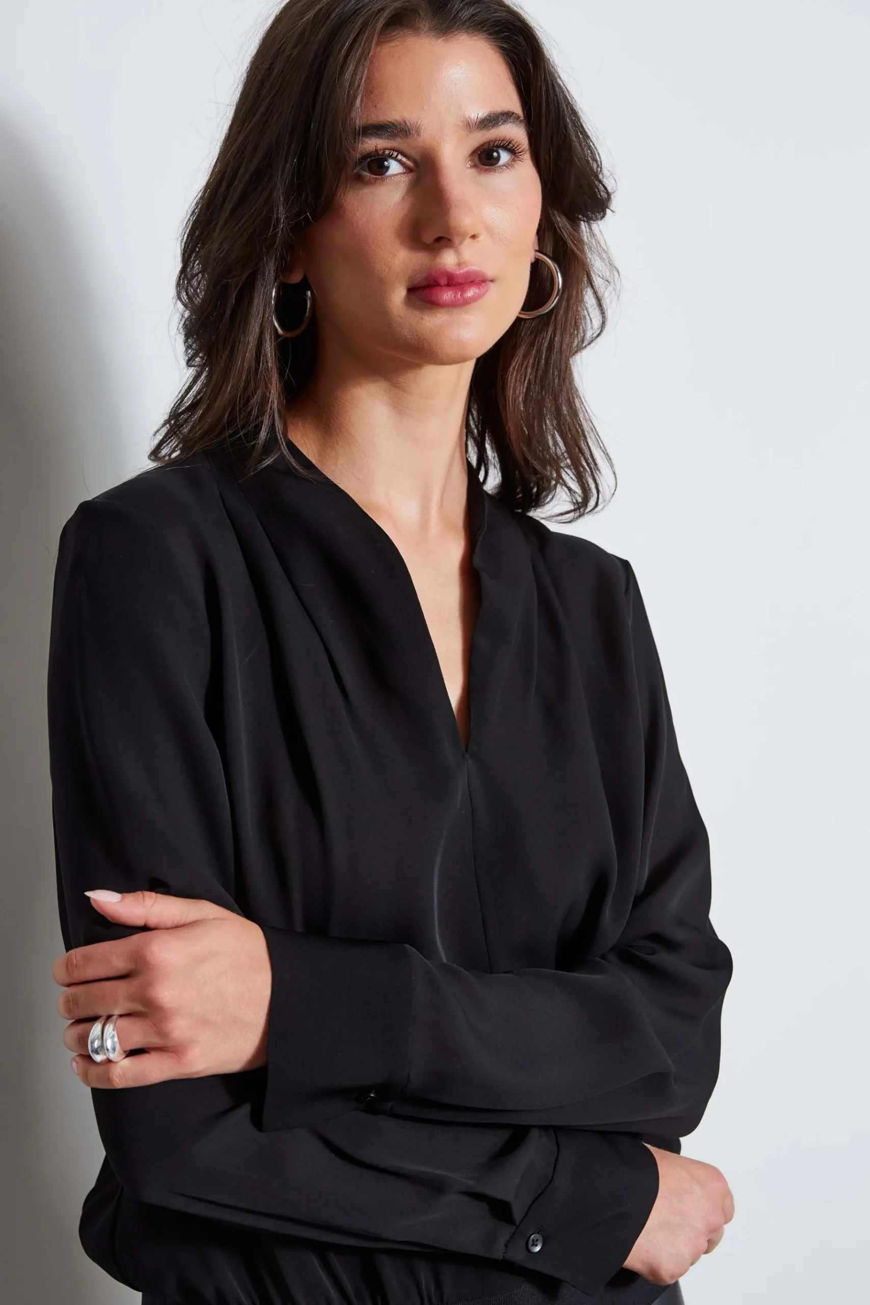 Elie Tahari Silk Contour Neck Rib Trim Shirt- Tops & Sweaters