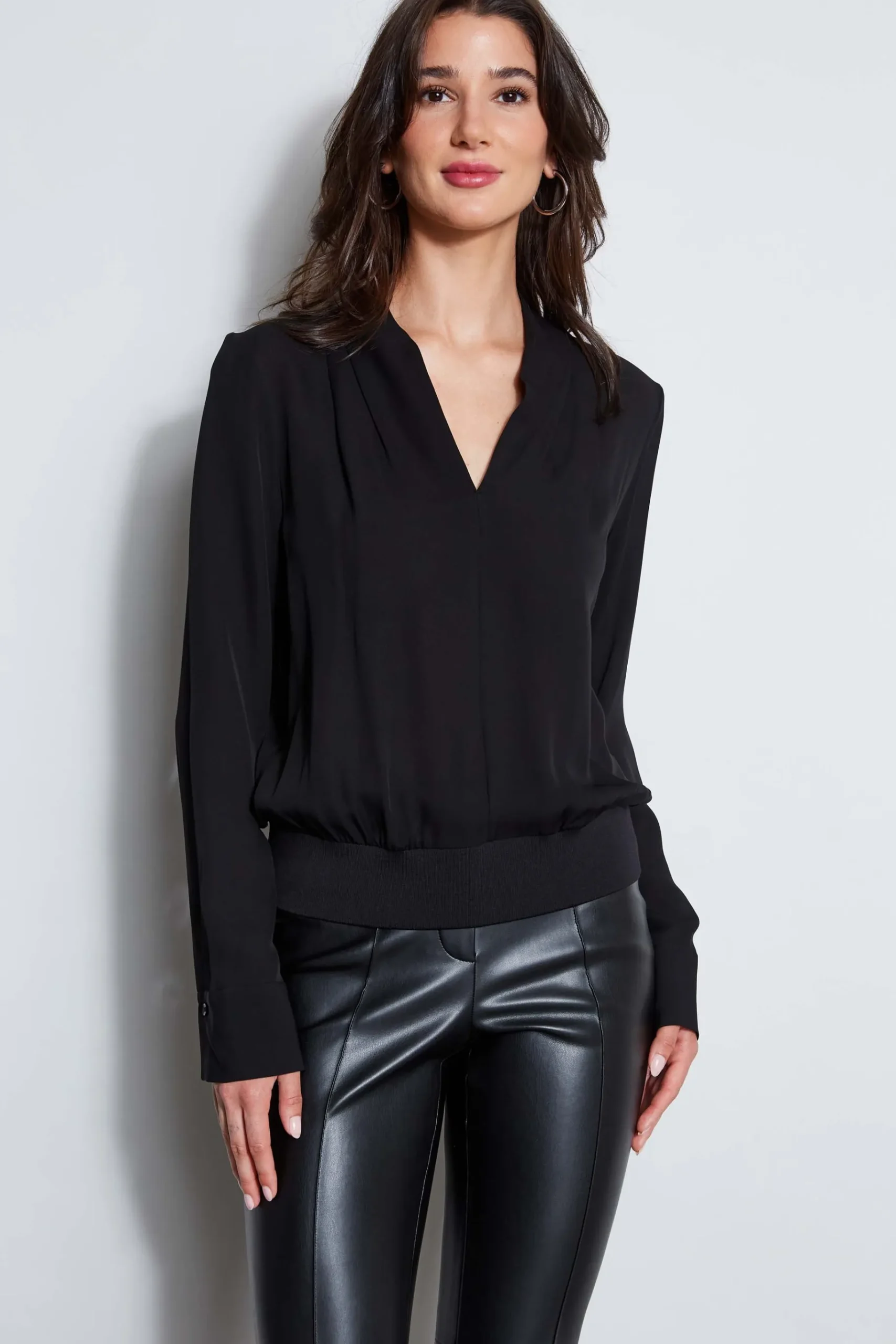 Elie Tahari Silk Contour Neck Rib Trim Shirt- Tops & Sweaters