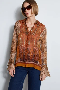 Elie Tahari Silk Crinkle Chiffon Raj Paisley Shirt- Tops & Sweaters