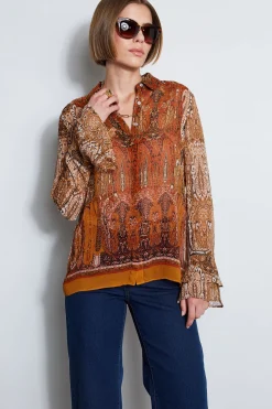 Elie Tahari Silk Crinkle Chiffon Raj Paisley Shirt- Tops & Sweaters