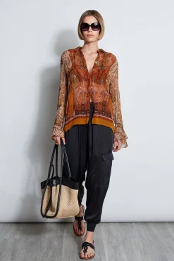 Elie Tahari Silk Crinkle Chiffon Raj Paisley Shirt- Tops & Sweaters
