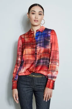 Elie Tahari Silk Digital Plaid Shirt- Tops & Sweaters