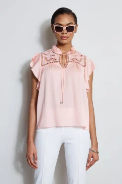 Elie Tahari Silk Embroidered Flutter Sleeve Shirt- Tops & Sweaters