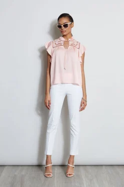 Elie Tahari Silk Embroidered Flutter Sleeve Shirt- Tops & Sweaters