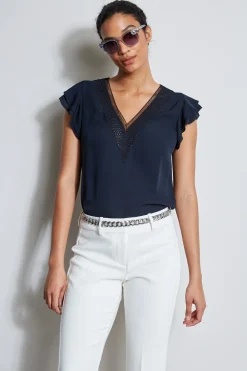 Elie Tahari Silk Flutter Sleeve Embroidered Shirt- Tops & Sweaters
