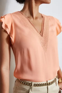 Elie Tahari Silk Flutter Sleeve Embroidered Shirt- Tops & Sweaters