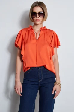 Elie Tahari Silk Flutter Sleeve Tie Shirt- Tops & Sweaters