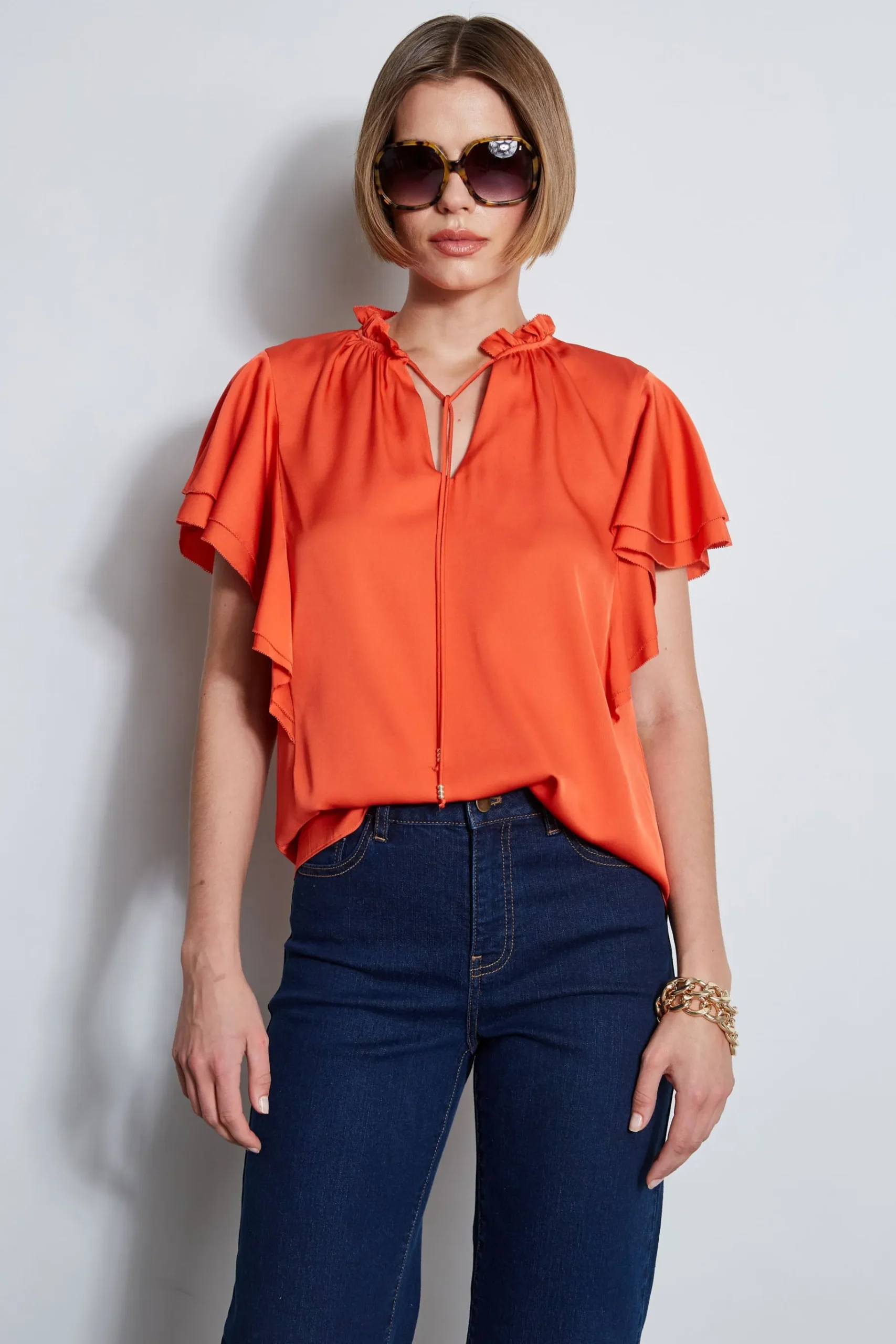 Elie Tahari Silk Flutter Sleeve Tie Shirt- Tops & Sweaters