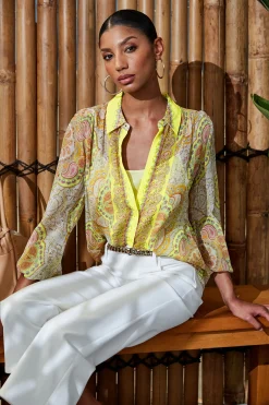 Elie Tahari Silk Mosaic Tile Button Down Shirt- Tops & Sweaters