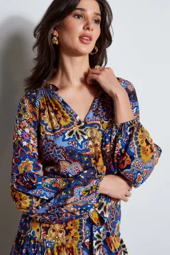 Elie Tahari Silk Night Garden Midi Dress- Dresses & Jumpsuits|Long Sleeve Dresses