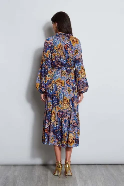 Elie Tahari Silk Night Garden Midi Dress- Dresses & Jumpsuits|Long Sleeve Dresses