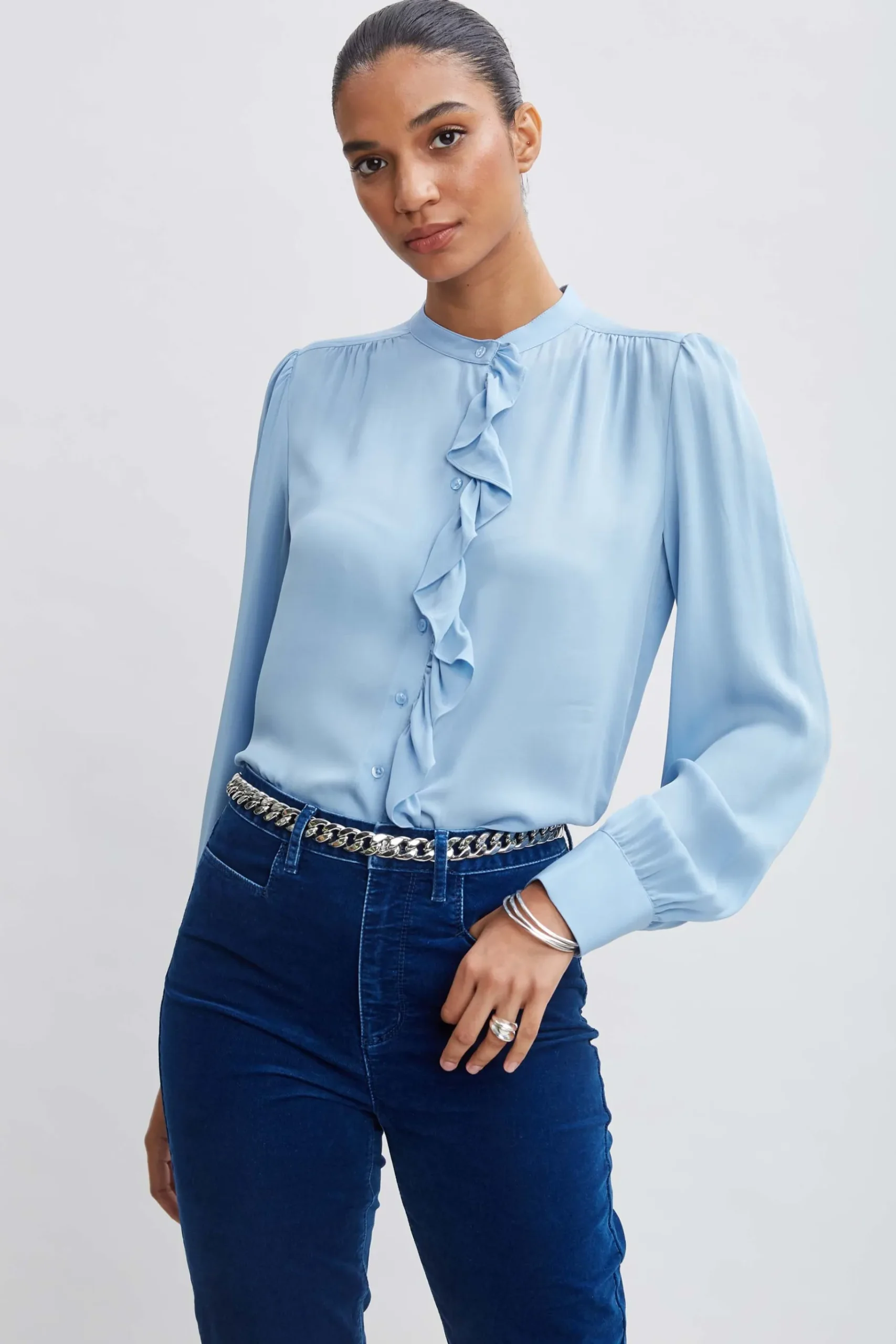 Elie Tahari Silk Ruffle Button Down Shirt- Tops & Sweaters|Suiting