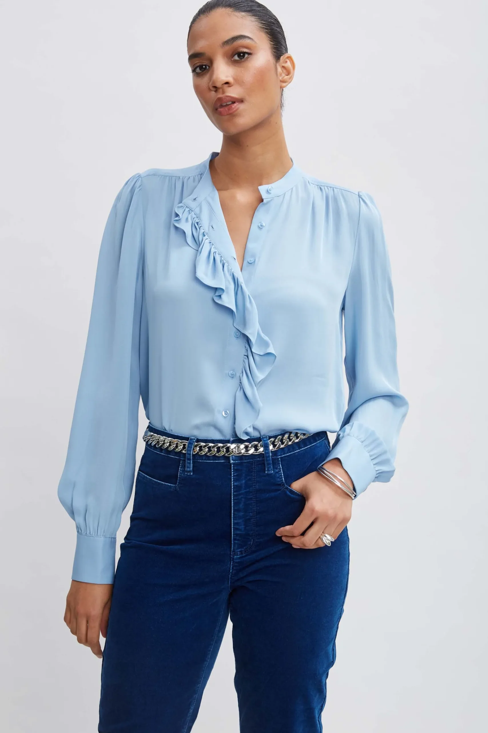 Elie Tahari Silk Ruffle Button Down Shirt- Tops & Sweaters|Suiting