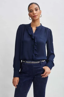 Elie Tahari Silk Ruffle Button Down Shirt- Tops & Sweaters|Suiting