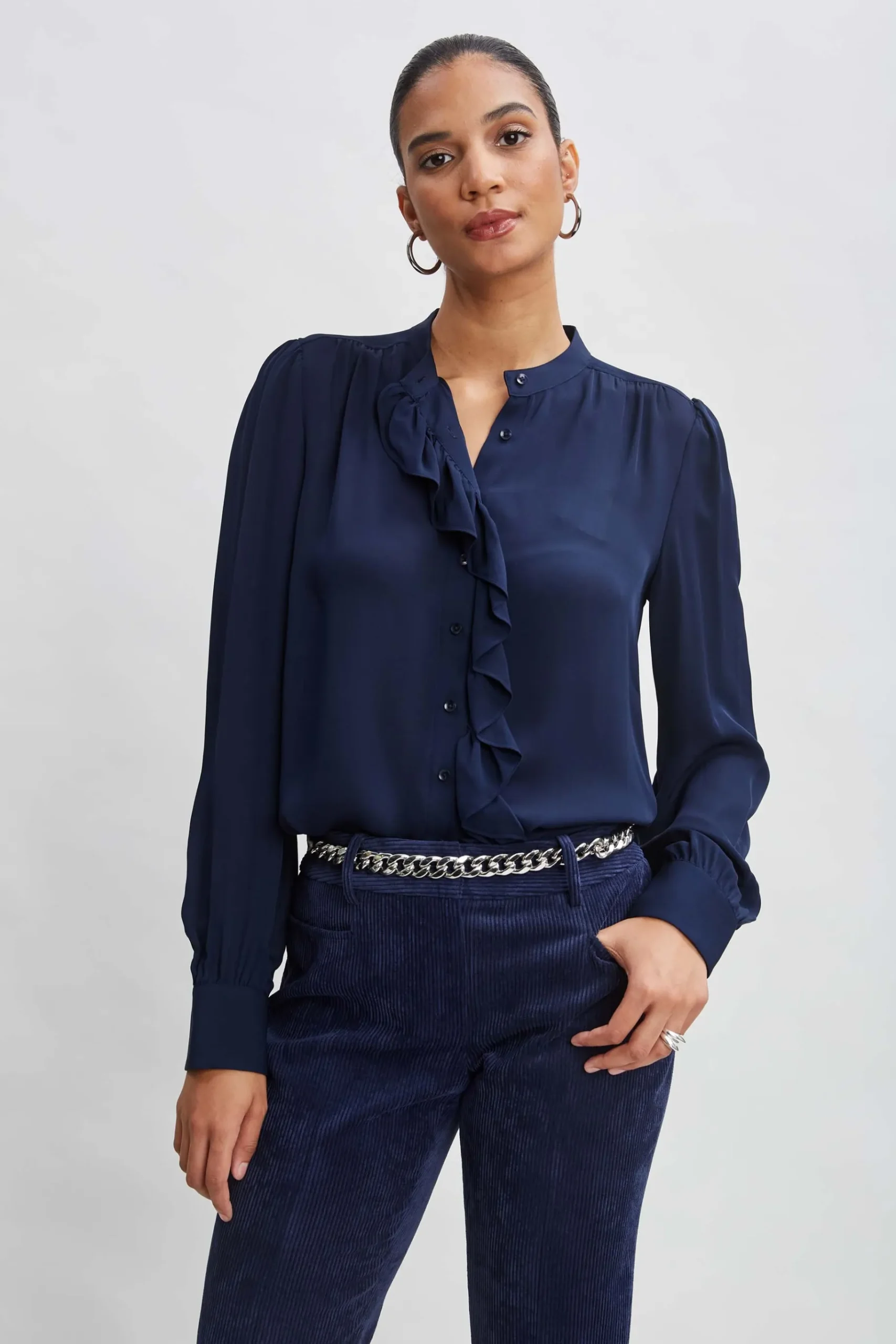 Elie Tahari Silk Ruffle Button Down Shirt- Tops & Sweaters|Suiting