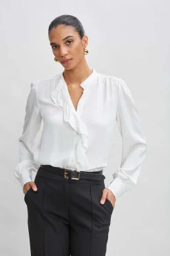 Elie Tahari Silk Ruffle Button Down Shirt- Tops & Sweaters|Suiting