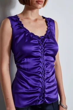 Elie Tahari Silk Satin Braid Ruched Top- Tops & Sweaters