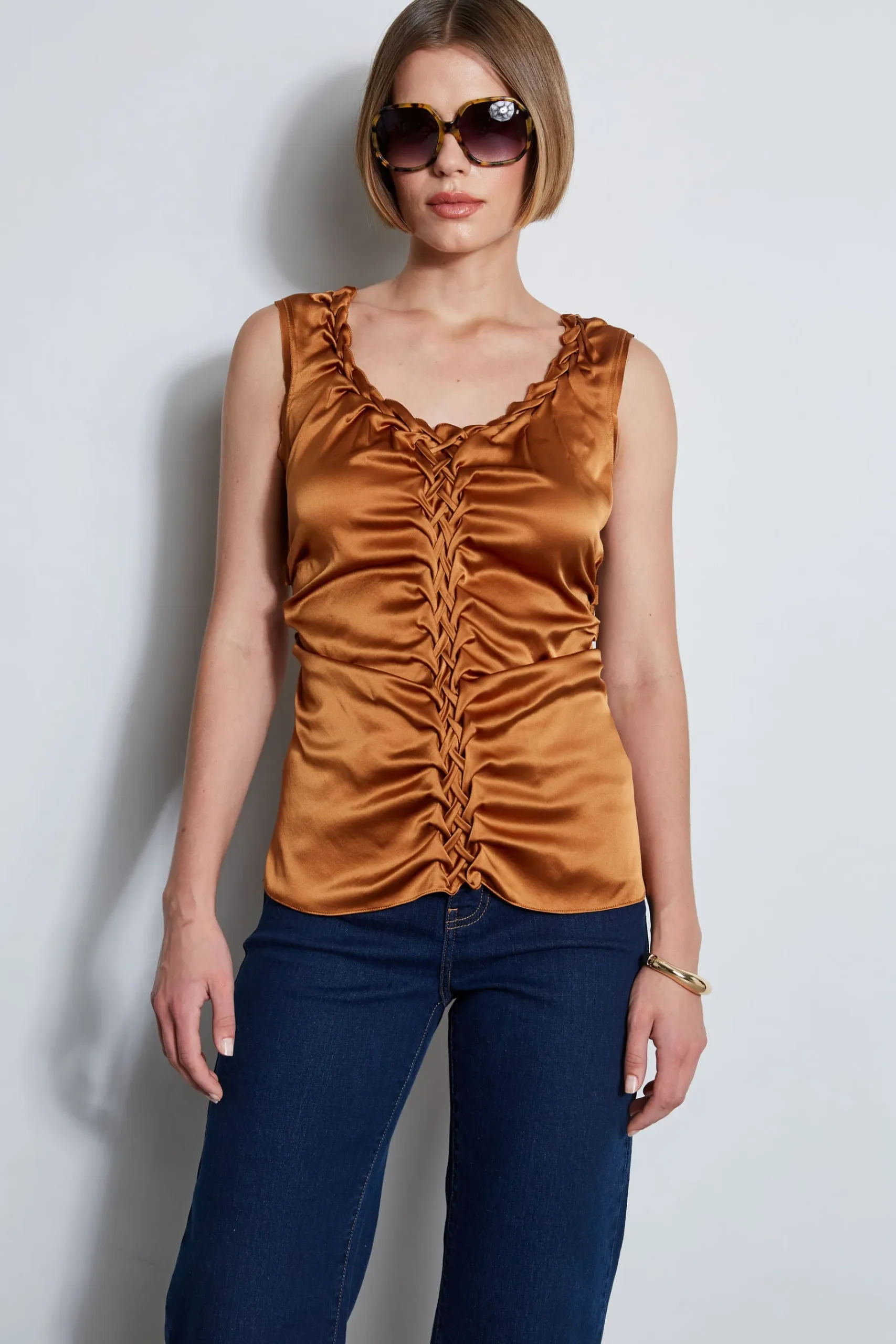 Elie Tahari Silk Satin Braid Ruched Top- Tops & Sweaters