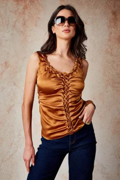 Elie Tahari Silk Satin Braid Ruched Top- Tops & Sweaters