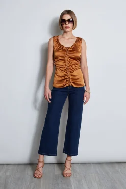 Elie Tahari Silk Satin Braid Ruched Top- Tops & Sweaters