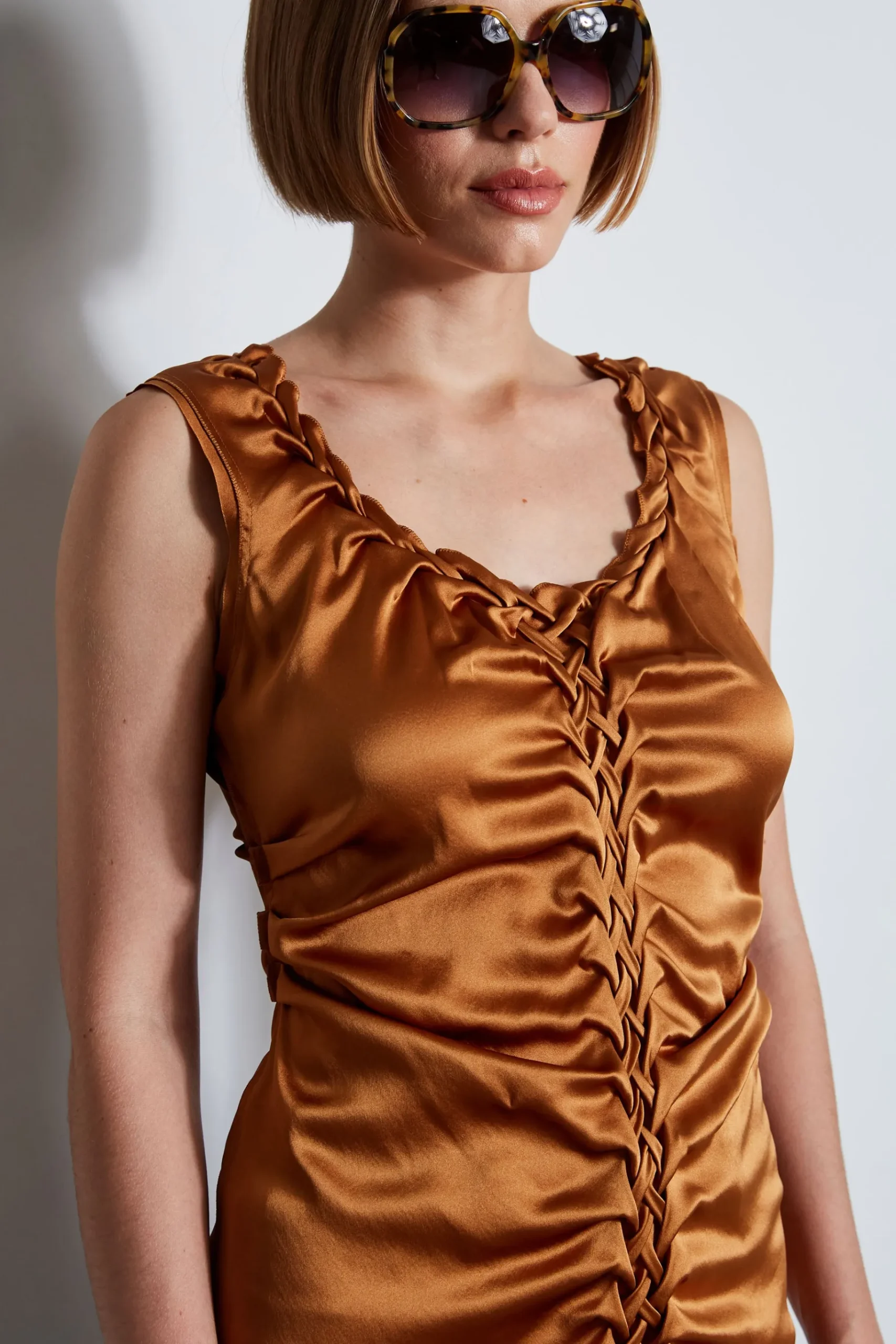 Elie Tahari Silk Satin Braid Ruched Top- Tops & Sweaters