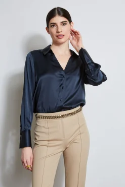 Elie Tahari Silk Satin Button Down Shirt- Tops & Sweaters