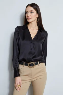 Elie Tahari Silk Satin Button Down Shirt- Tops & Sweaters