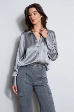 Elie Tahari Silk Satin Button Down Shirt- Tops & Sweaters|Suiting