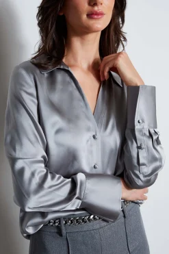 Elie Tahari Silk Satin Button Down Shirt- Tops & Sweaters|Suiting