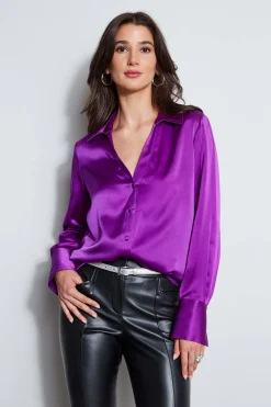 Elie Tahari Silk Satin Button Down Shirt- Tops & Sweaters|Suiting