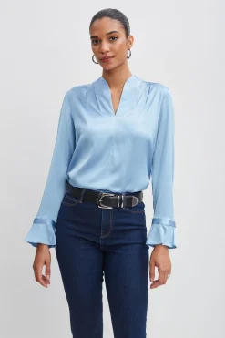 Elie Tahari Silk Satin Contour Neck Ruffle Cuff Shirt- Tops & Sweaters