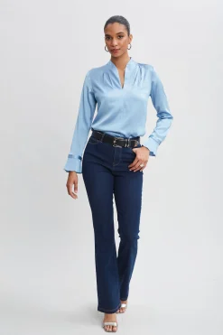 Elie Tahari Silk Satin Contour Neck Ruffle Cuff Shirt- Tops & Sweaters