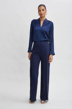 Elie Tahari Silk Satin Contour Neck Ruffle Cuff Shirt- Tops & Sweaters