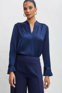 Elie Tahari Silk Satin Contour Neck Ruffle Cuff Shirt- Tops & Sweaters