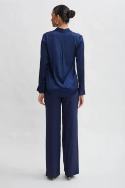 Elie Tahari Silk Satin Contour Neck Ruffle Cuff Shirt- Tops & Sweaters