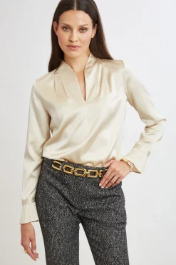 Elie Tahari Silk Satin Contour Neck Ruffle Cuff Shirt- Tops & Sweaters|Suiting