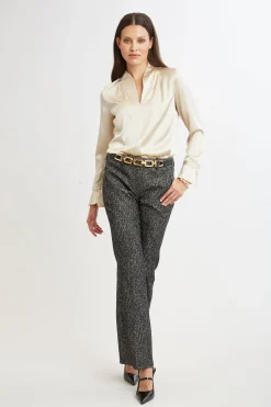 Elie Tahari Silk Satin Contour Neck Ruffle Cuff Shirt- Tops & Sweaters|Suiting