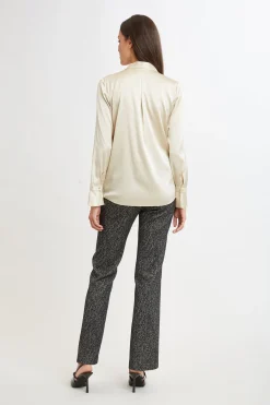Elie Tahari Silk Satin Contour Neck Ruffle Cuff Shirt- Tops & Sweaters|Suiting