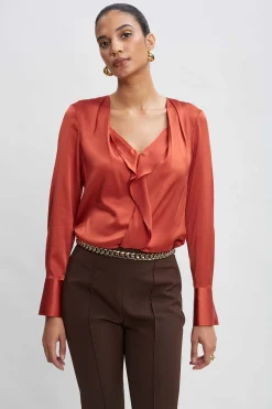Elie Tahari Silk Satin Contour Ruffle Shirt- Tops & Sweaters|Suiting