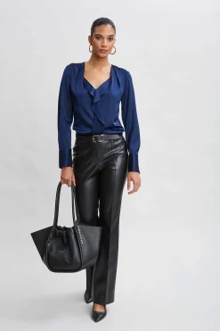 Elie Tahari Silk Satin Contour Ruffle Shirt- Tops & Sweaters