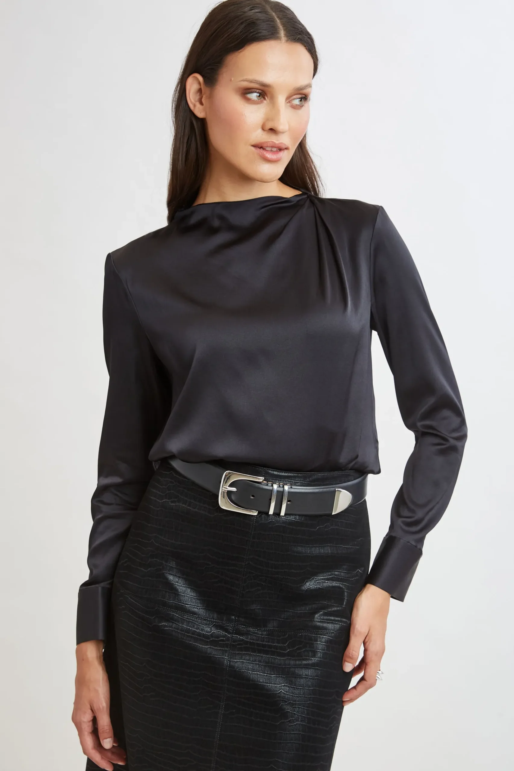 Elie Tahari Silk Satin Draped Neck Shirt- Tops & Sweaters