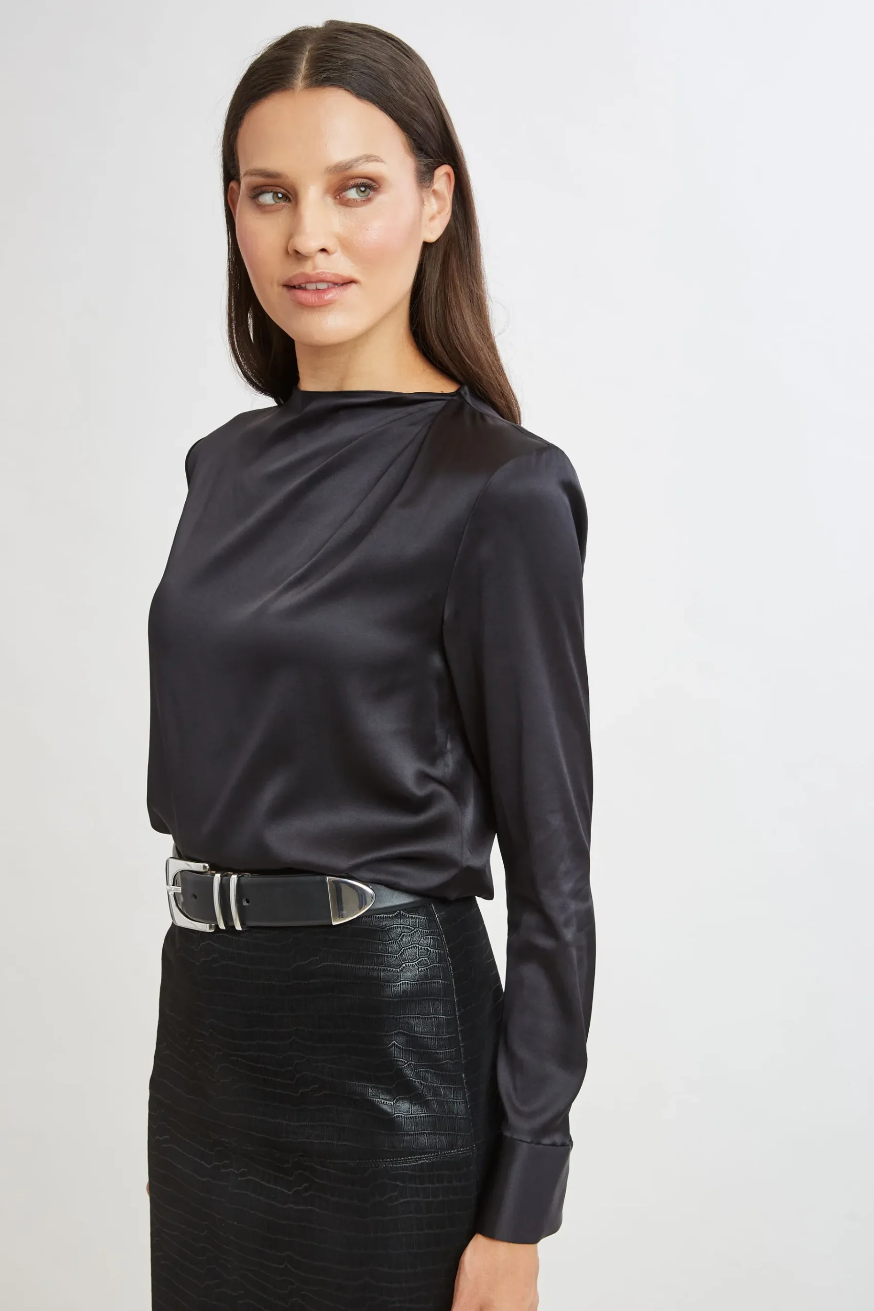 Elie Tahari Silk Satin Draped Neck Shirt- Tops & Sweaters