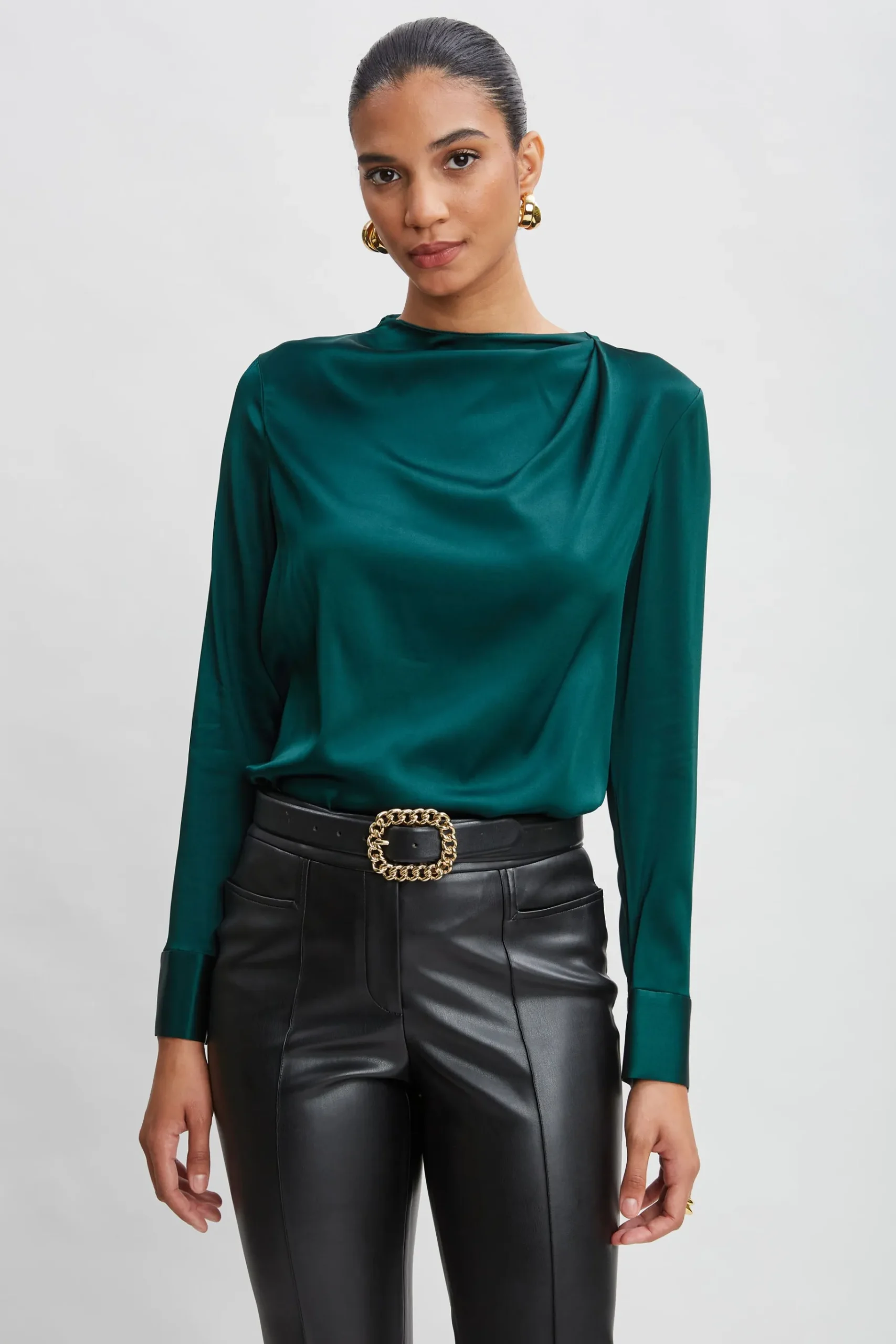 Elie Tahari Silk Satin Draped Neck Shirt- Tops & Sweaters