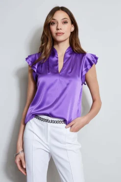 Elie Tahari Silk Satin Flutter Sleeve Shirt- Tops & Sweaters