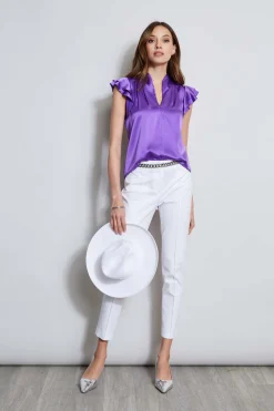 Elie Tahari Silk Satin Flutter Sleeve Shirt- Tops & Sweaters